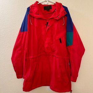 Eddie Bauer 90s Vintage Windbreaker Rain Jacket 1/2 Zip Nylon Hooded Red Sz L